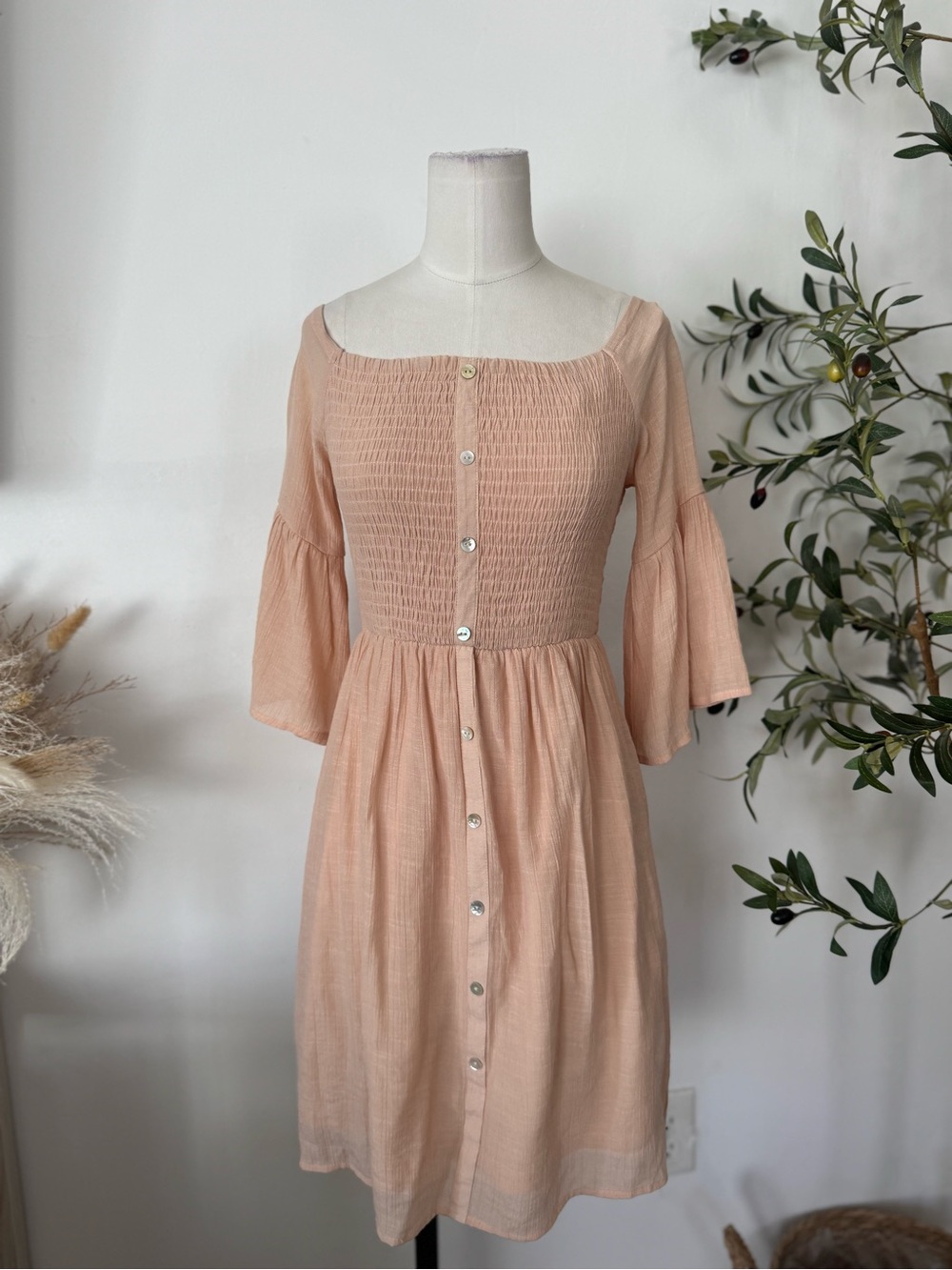 Earthbound Trading Co Peach Smocked Boho Midi Dress Bell Sleeve M